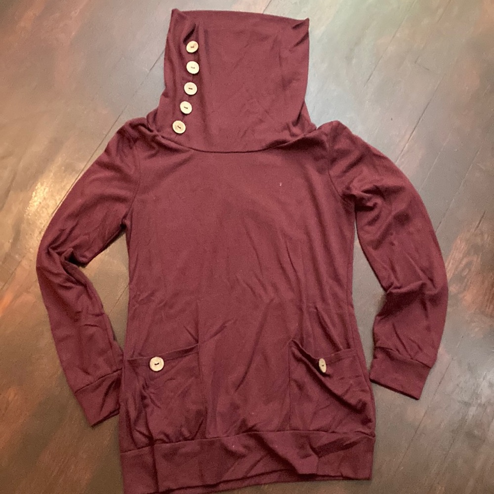 Burgundy Turtleneck with Button and Pocket Accents